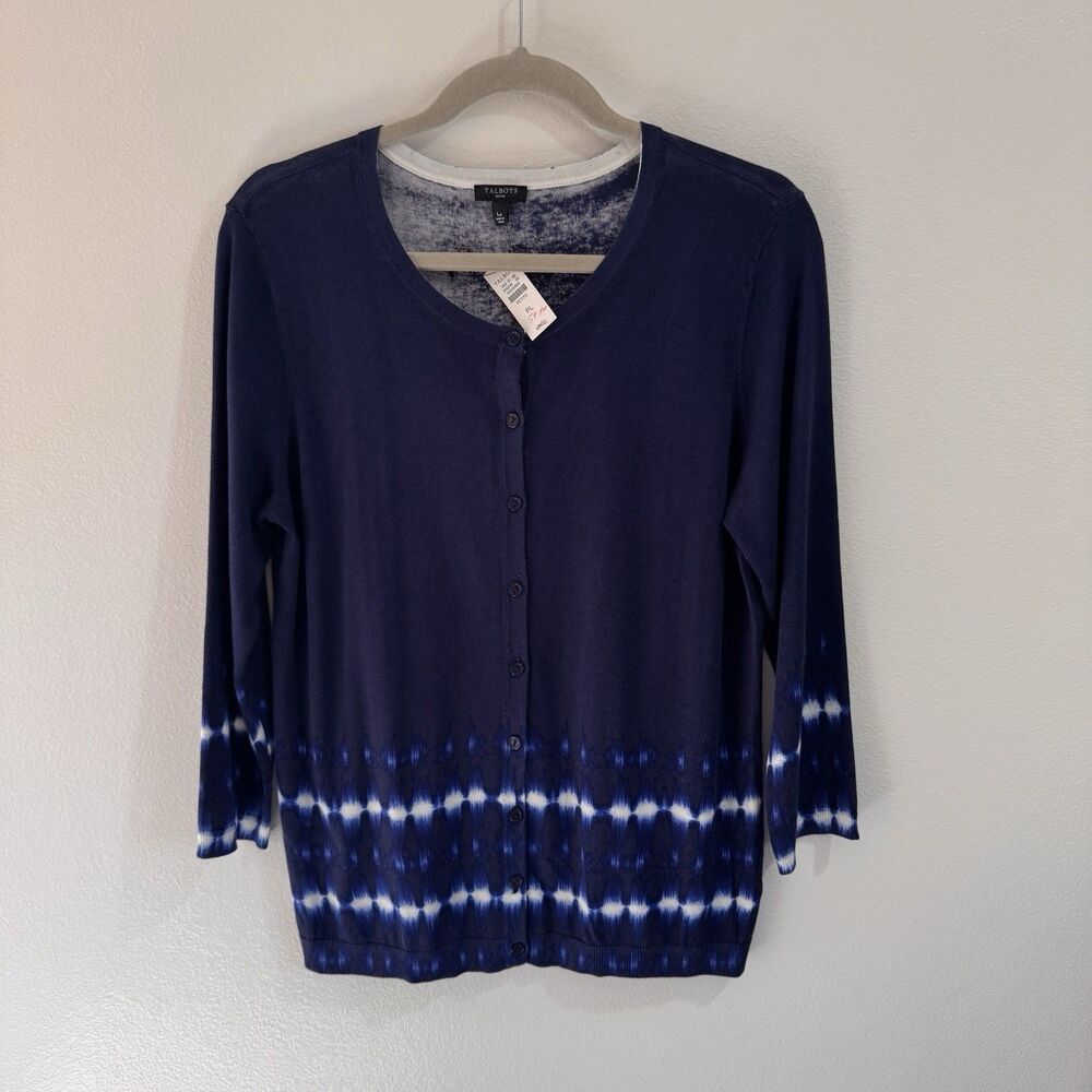 NWT Talbots Cardigan Sweater LP Petite Blue Dip Dye Button Front Cotton Knit